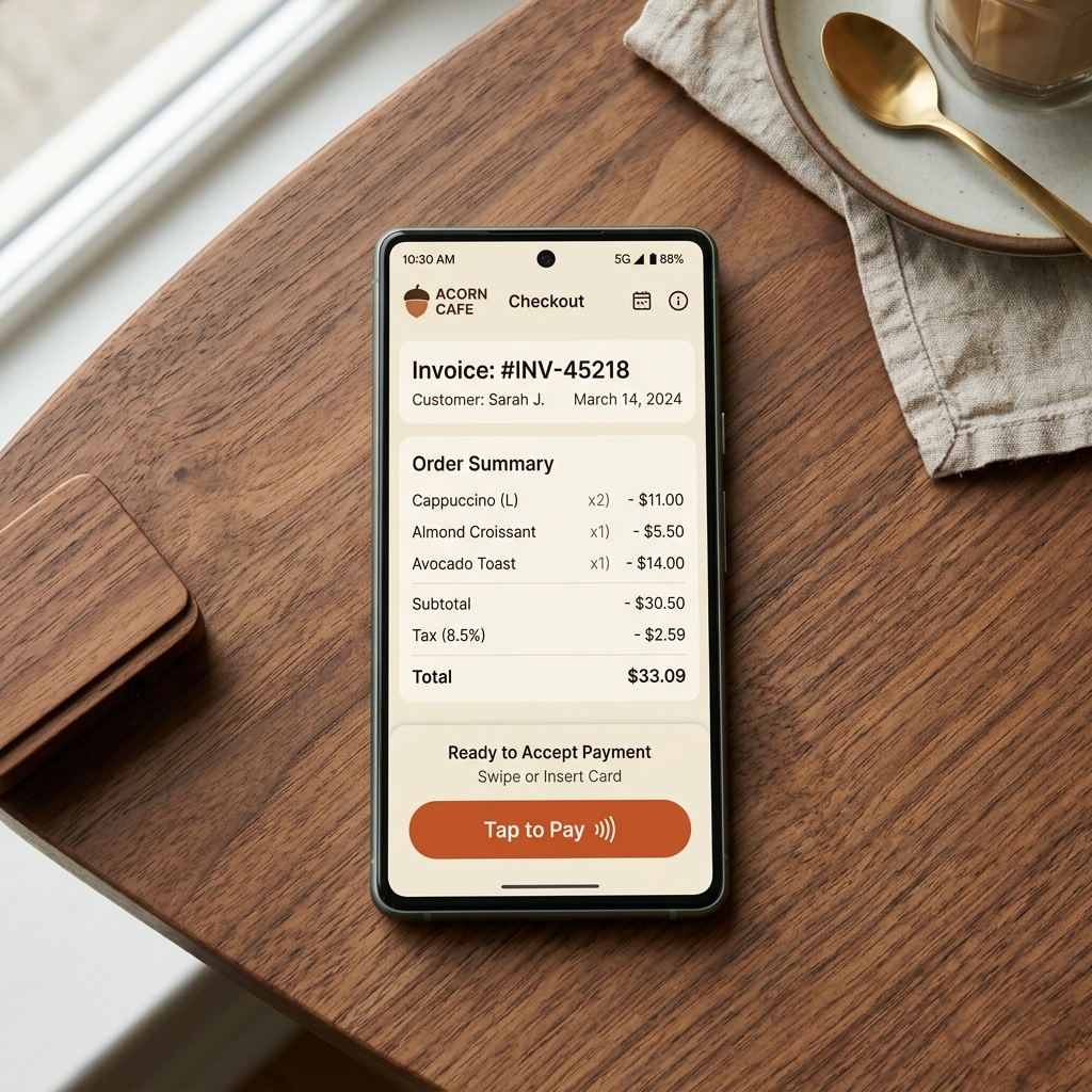 Paddy Pay mobile Point of Sale app showing an invoice checkout screen on a high-end smartphone