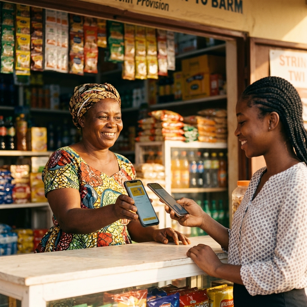A smiling Ghanaian shopkeeper using the Paddy Pay mobile POS application to accept a contactless card payment